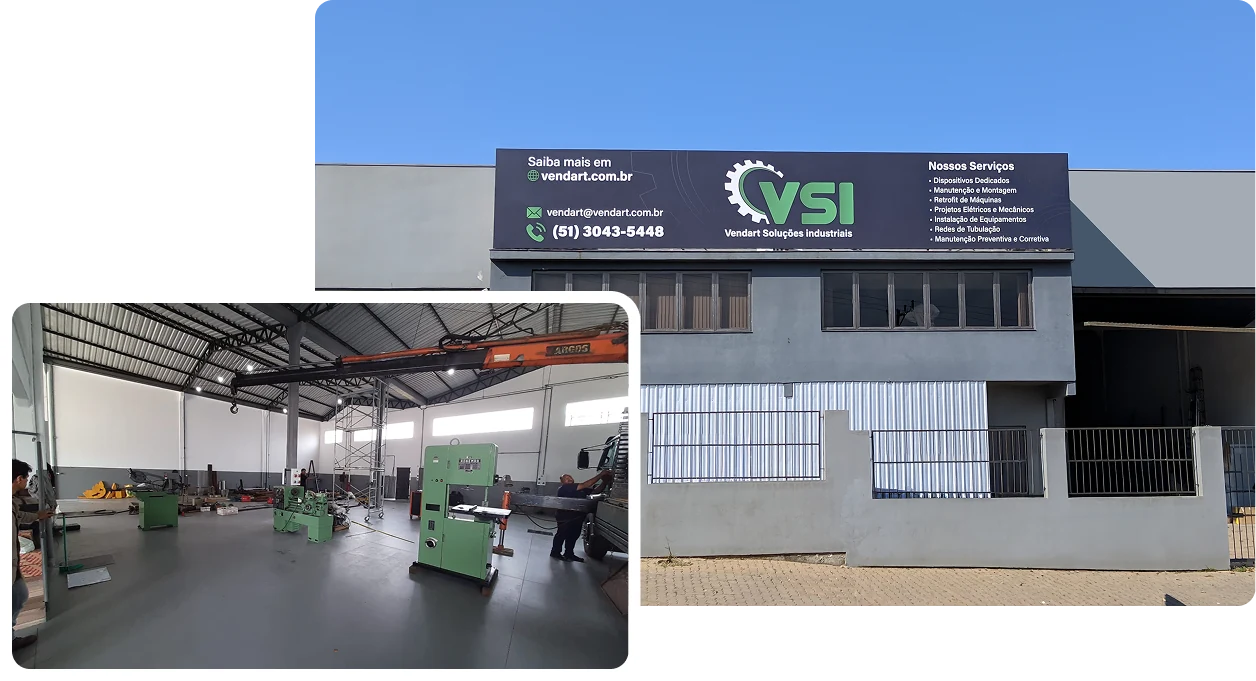 Fachada e área interna da Vendart Soluções Industriais